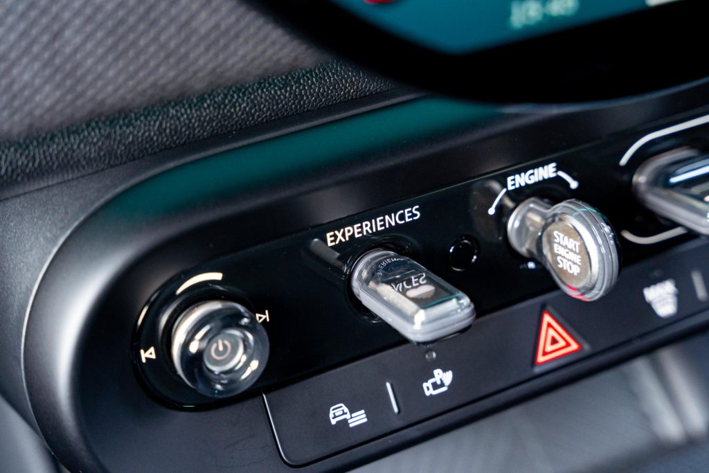 Closeup of interrior details, and mode switches inside the Mini Countryman Core Classic 2024