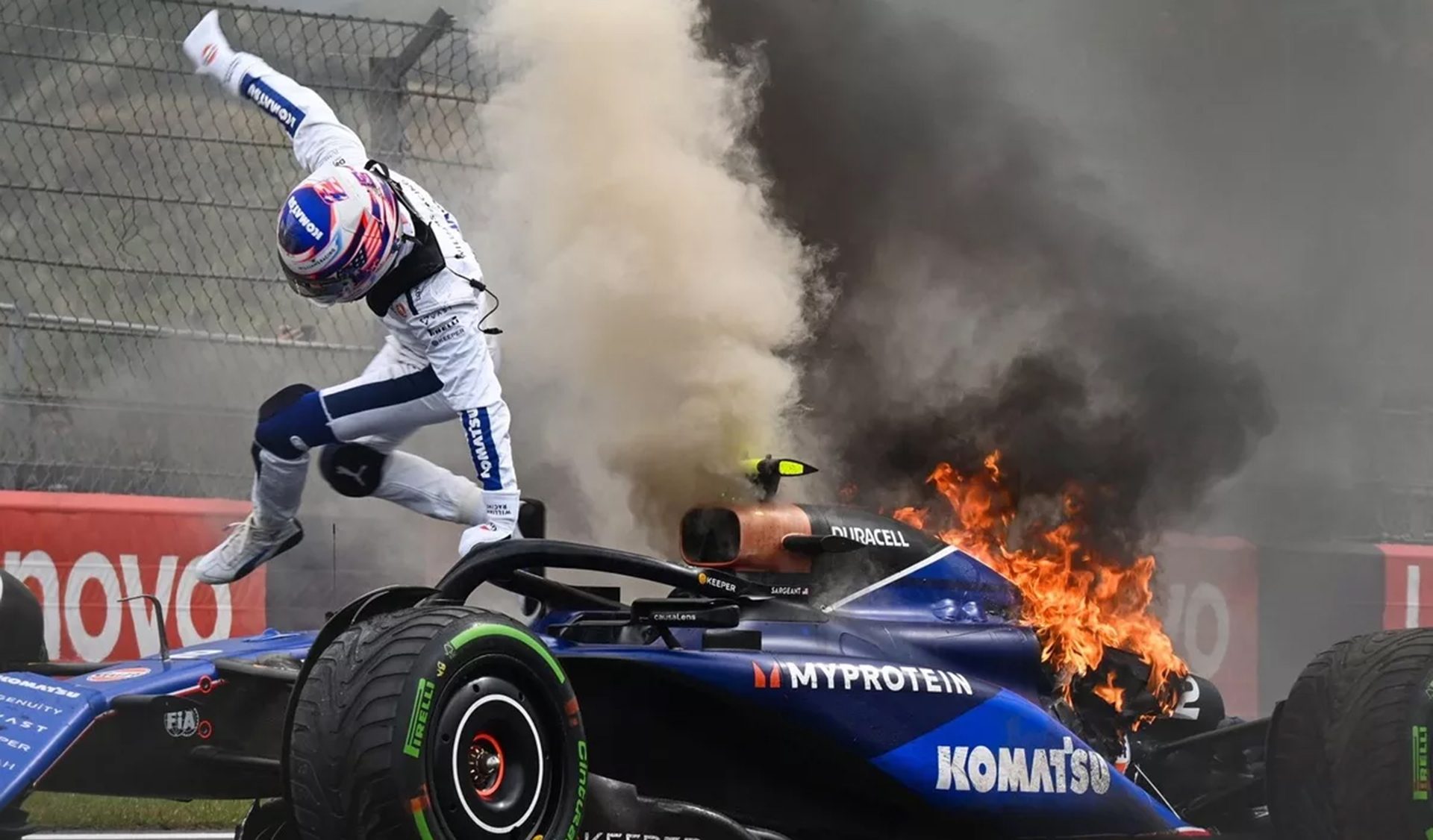 Logan Sargeant exits the Williams car and the team after his latest crash.