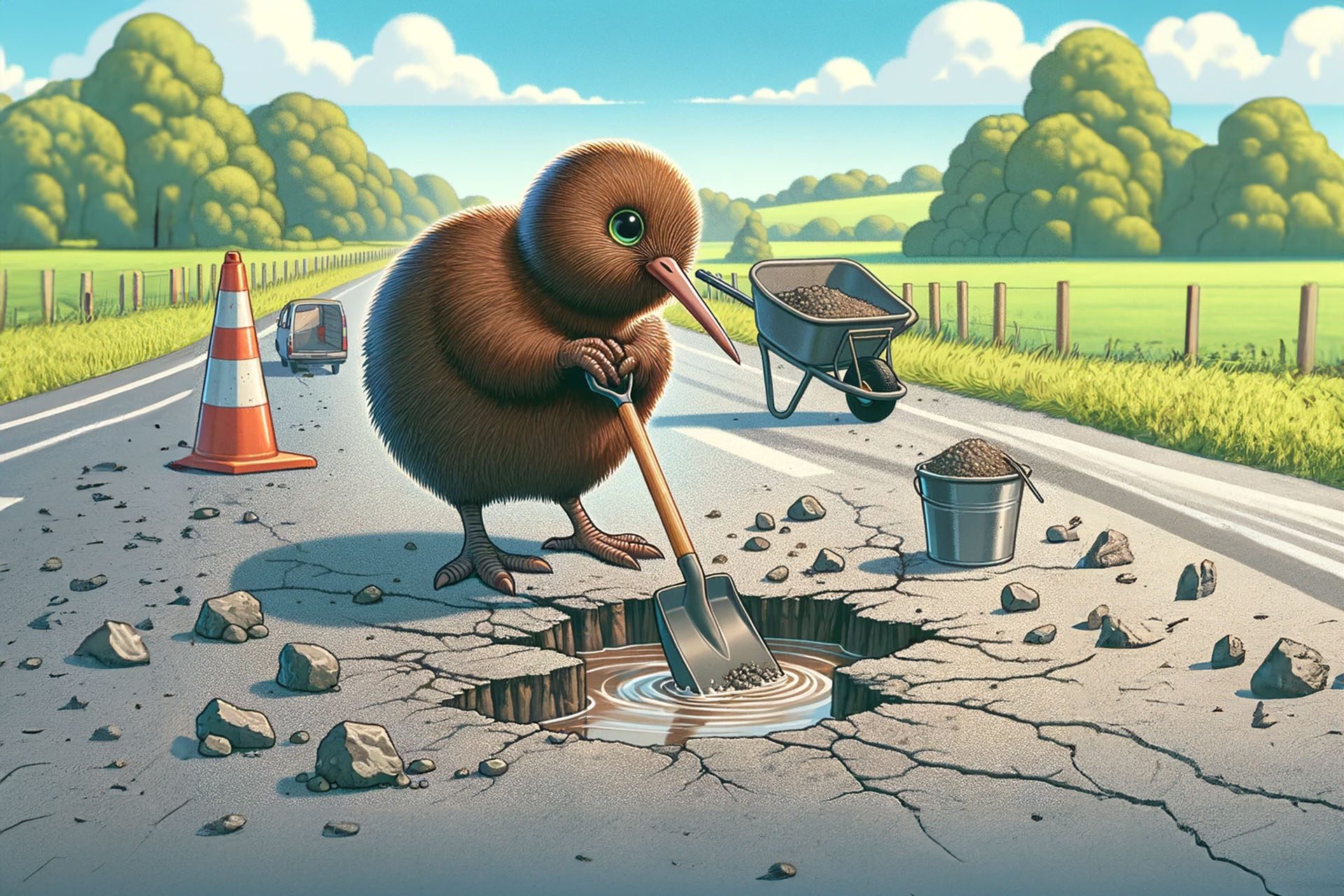 Kiwis fixing potholes after surveying the road with data-collecting vans.