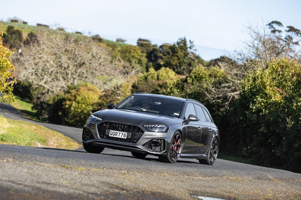 Front end of the 2024 Audi RS 4 Competition Plus taking a corner