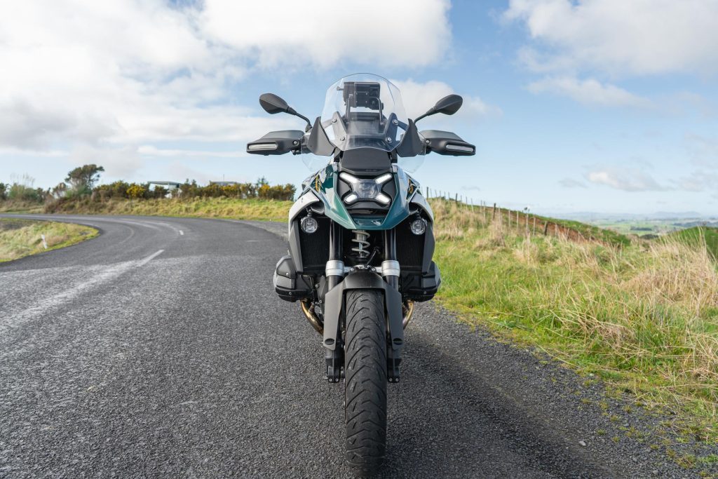 Front profile shot of the 2024 BMW R 1300 GS, with X shaped headlight