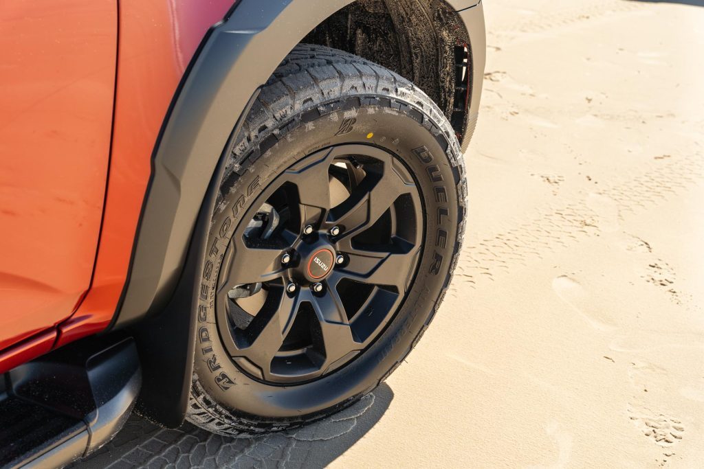 Close of up the Bridgestone Dueler A/T 002 with tread showing