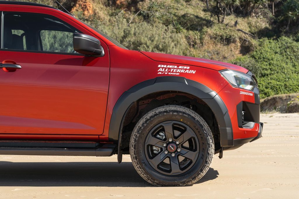 Side profile of an Isuzu D-Max with Bridgestone Dueler A/T 002 equipped