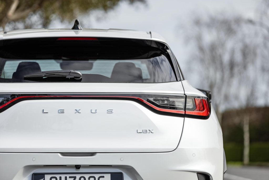 White 2024 Lexus LBX Relax rear end, showing headlight detail