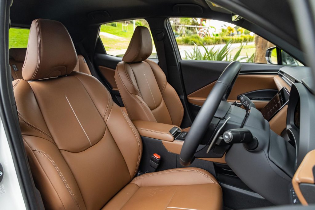 2024 Lexus LBX Relax with brown leather seats, wide shot of front seat space