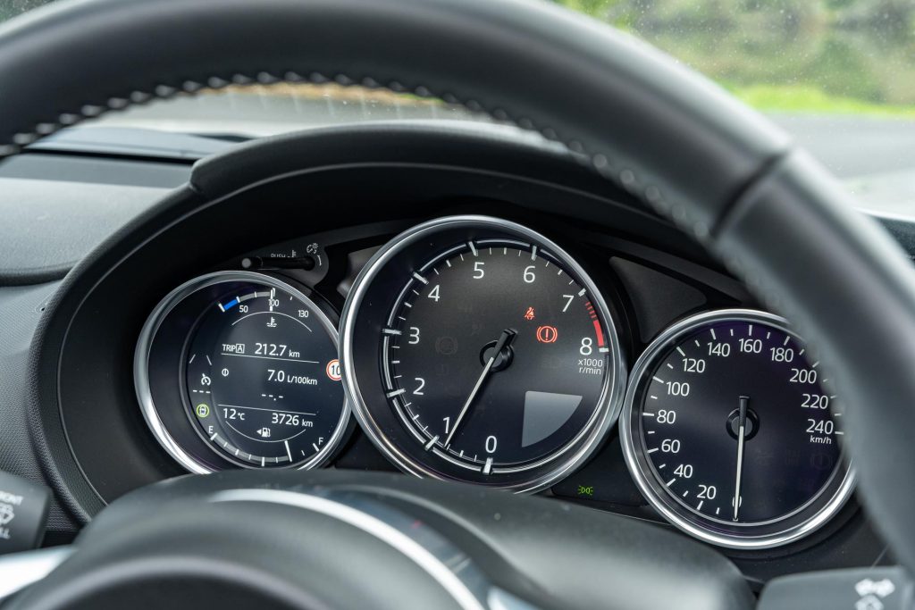 Tachometer and driver display of the 2024 Mazda MX-5 GT