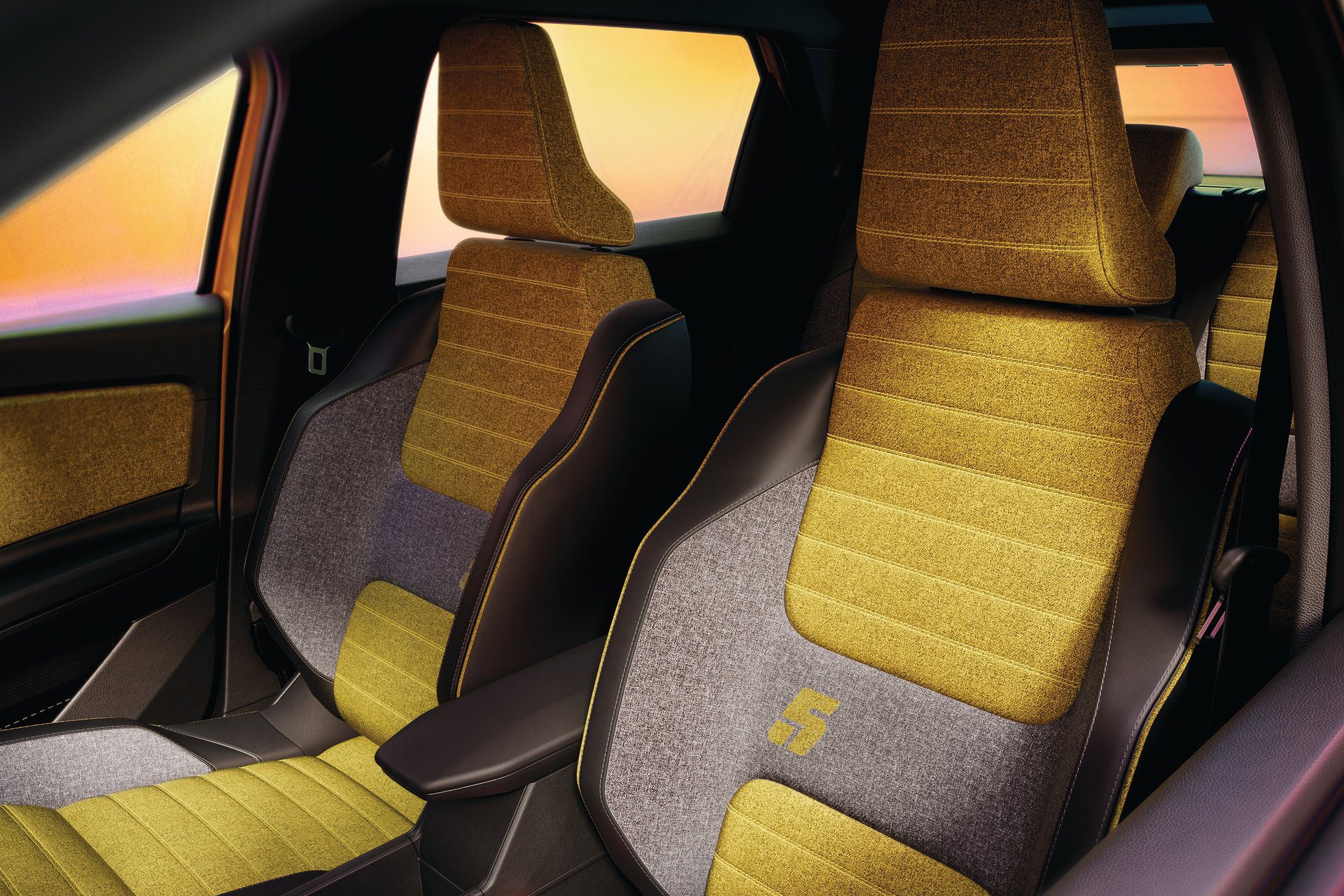 Recycled plastic used for seat fabrics, as is the modern way.