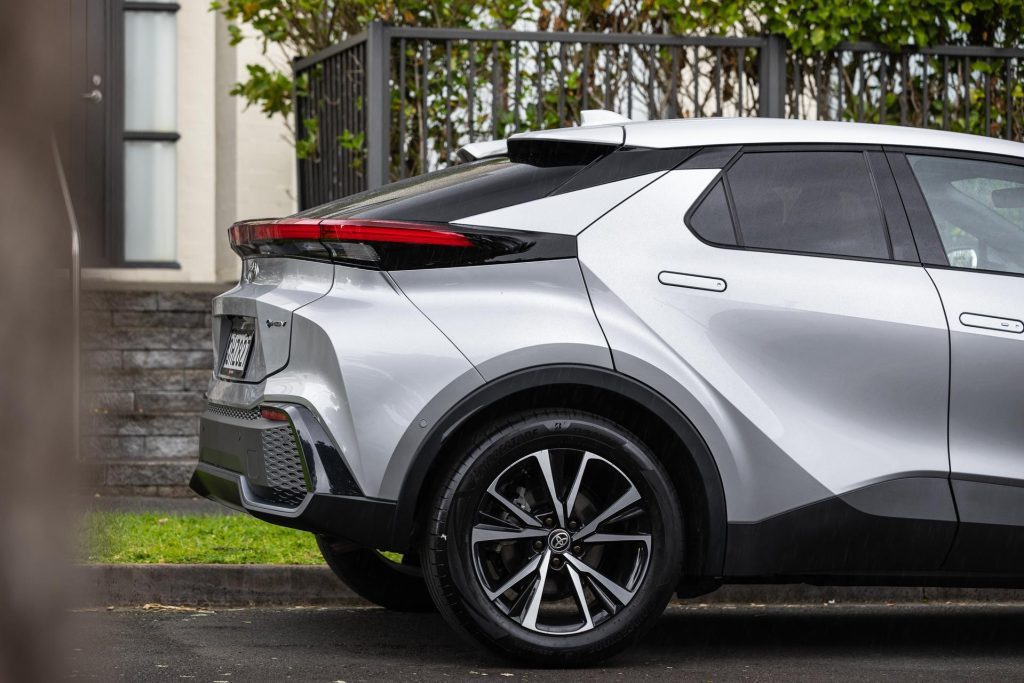 2024 Toyota C-HR GXL Hybrid in silver, showing rear quarter angle