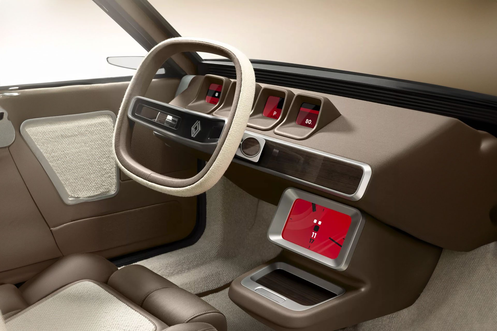 Check out the square two-spoke wheel with wool finish. Seats and door cards also feature wool trim.