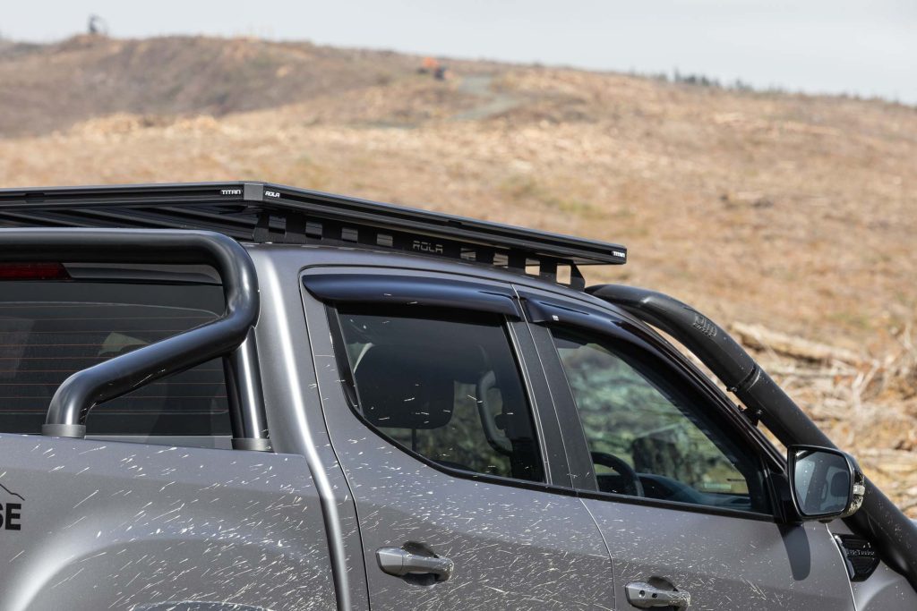 Shot showing roof tray, rear style bar, and snorkel