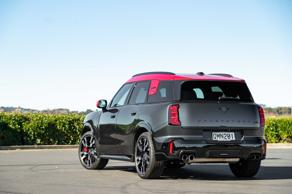 Mini Countryman JCW rear quarter shot, in red and black