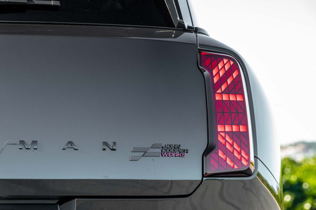 JCW badge on the rear of car, with union jack pattern in tail light