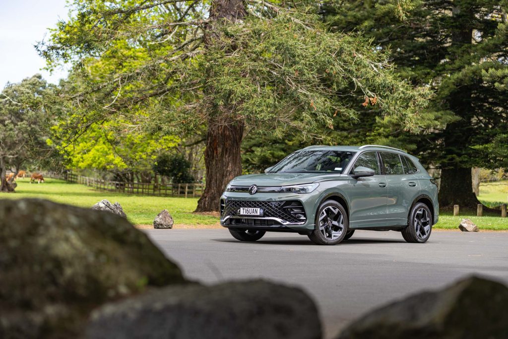 VW Tiguan R in green, parked at Cornwall Park Auckland