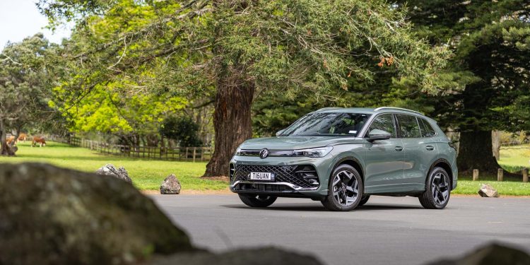 VW Tiguan R in green, parked at Cornwall Park Auckland