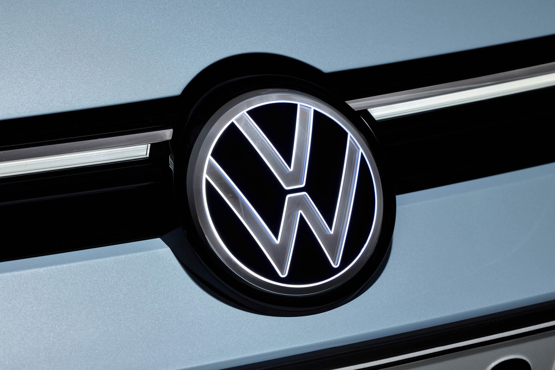 Illuminated VW badge on what is sure to be an EV from the firm.