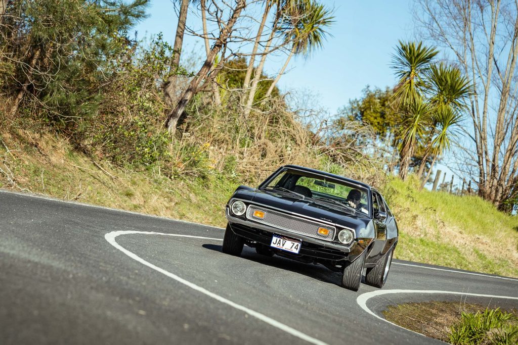 Taking a corner in the 1974 AMC Javelin 401 V8