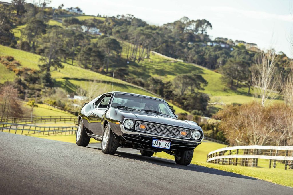 AMC Javelin driving, front quarter shot