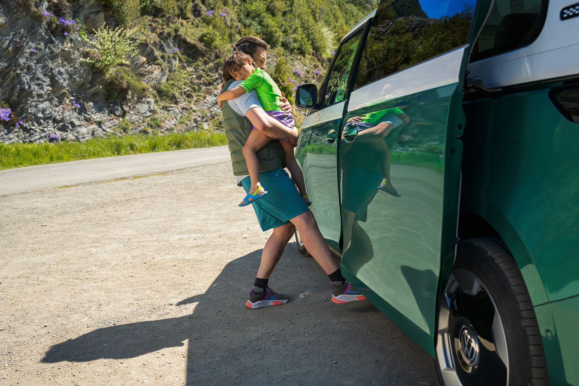 Sliding door handy for exiting with sleepy kids.