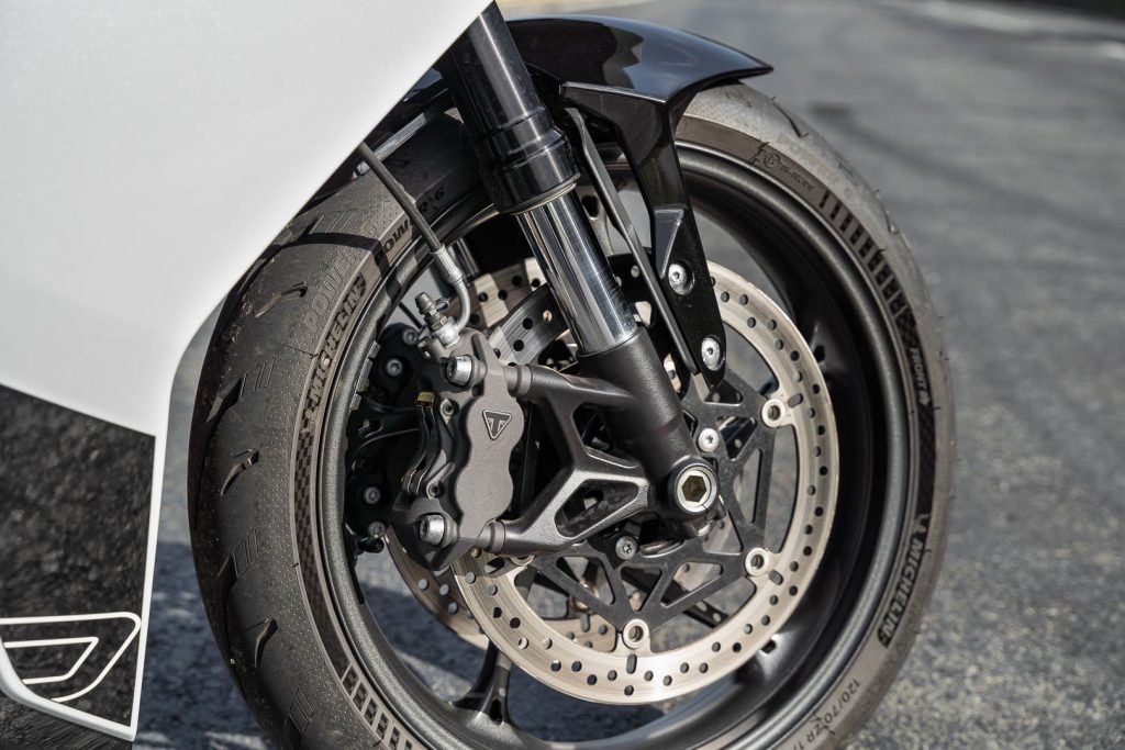 Front brake calipers of the Triumph Daytona 660