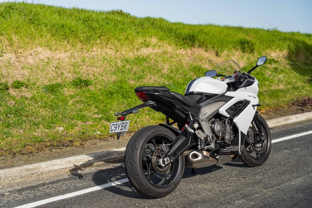 Rear shot of the Triumph Daytona 660 LAMS bike, in white