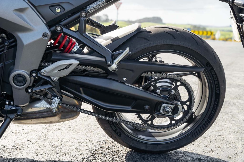 Rear wheel detail of the Triumph Daytona 660