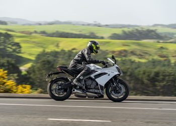 Triumph Daytona 660 panning side profile shot, while moving at pace