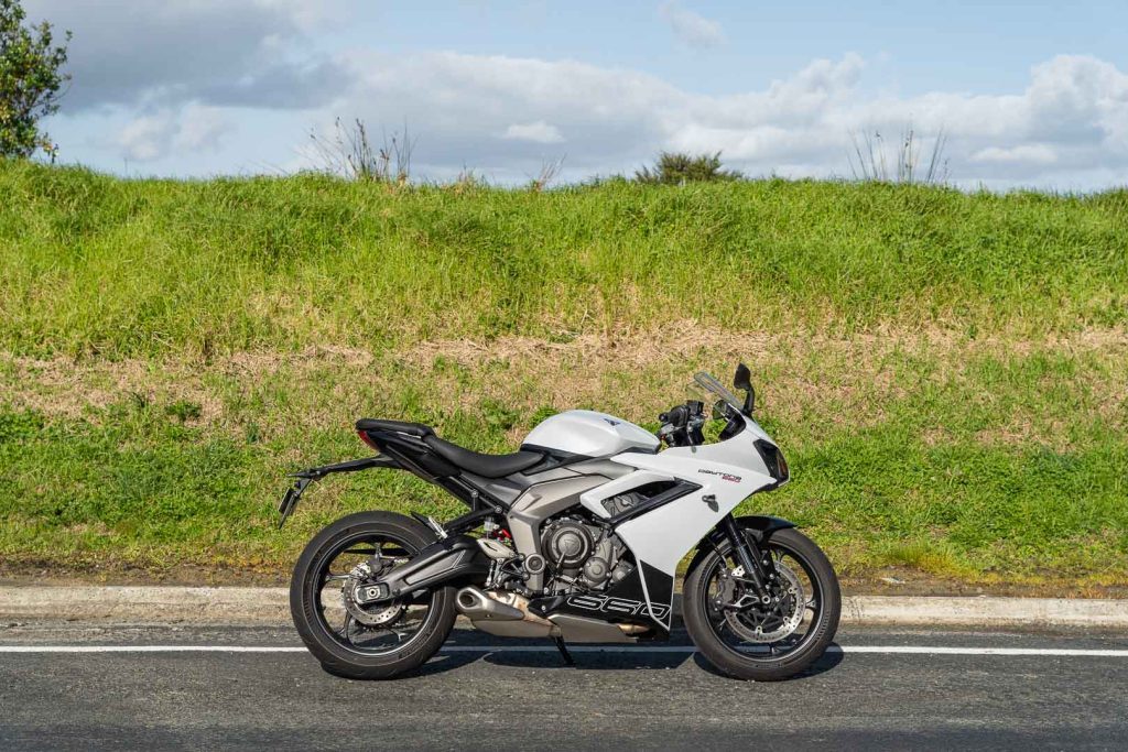 Side profile of the LAMS Triumph Daytona 660 parked static