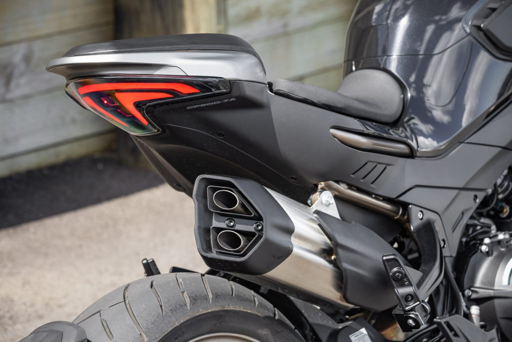 Twin exhaust layout on the NK800 CFMOTO bike