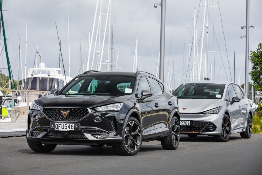 Cupra Born V+ and the Formentor V e-Hybrid PHEV front view for both