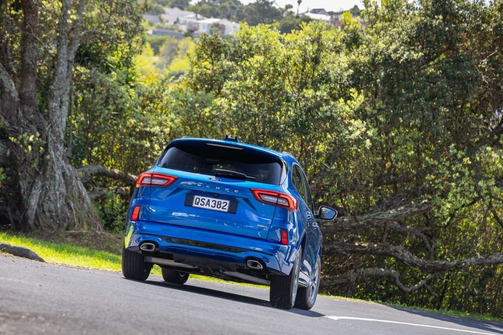 Rear cornering shot of the Ford Escape in blue