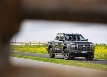 Mitsubishi Triton VRX 4x4 in black, parked next to a wildflower patch