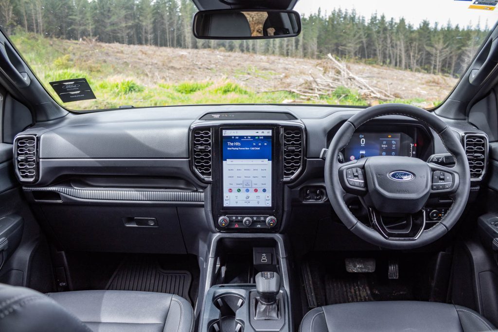 wide interior view of the 2024 Ford Ranger Tremor, showing dash and steering wheel