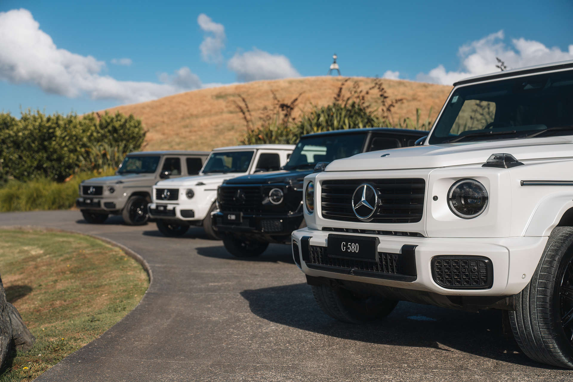 Mercedes-Benz G 580 line up on a drive way