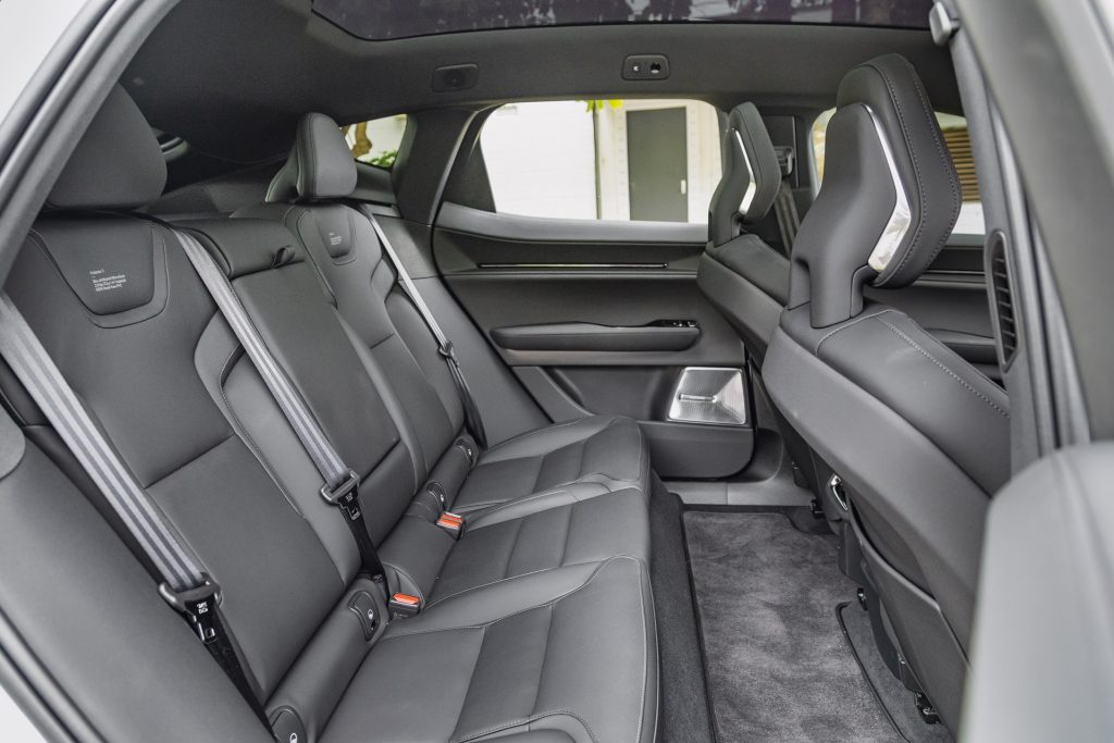 Rear seat area of the Polestar 3 electric SUV, showcasing black leather upholstery