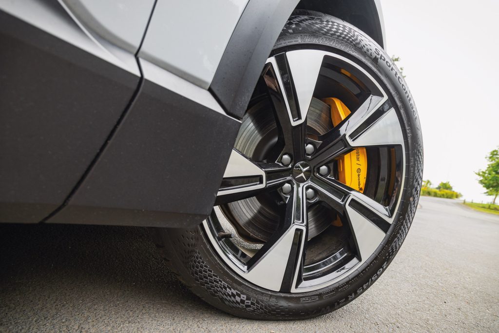 Close-up view of a Polestar 3 electric SUV's wheel