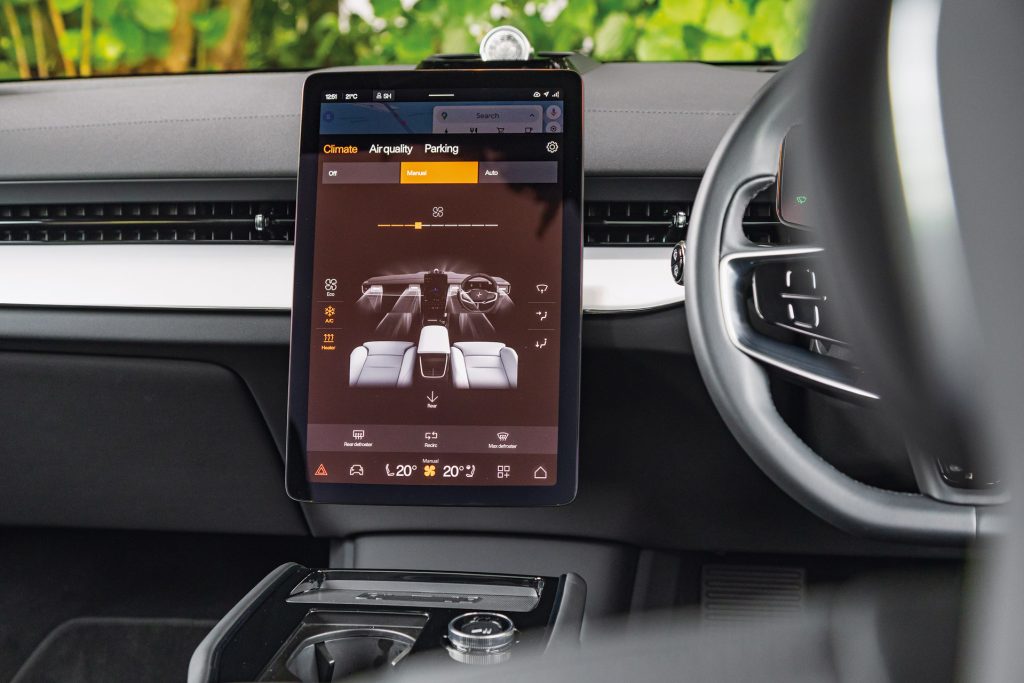 Interior of the Polestar 3 electric SUV showcasing the touchscreen climate control display and steering wheel