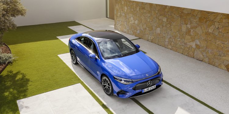 Mercedes-Benz CLA in blue on concrete pad